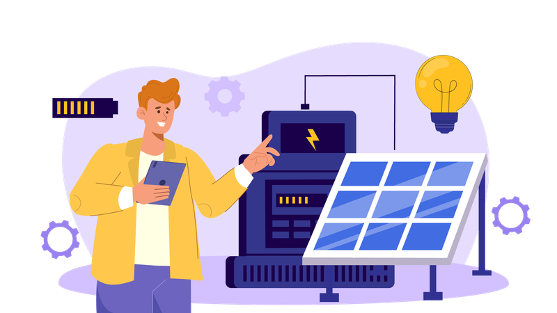 Ingeniero asesorando sobre generación de electricidad solar  Ilustración