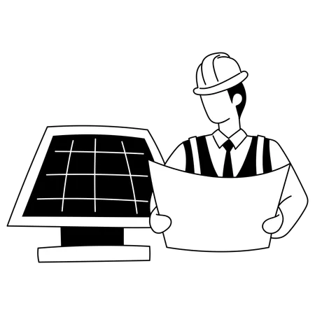 Ingeniero instala panel solar  Ilustración