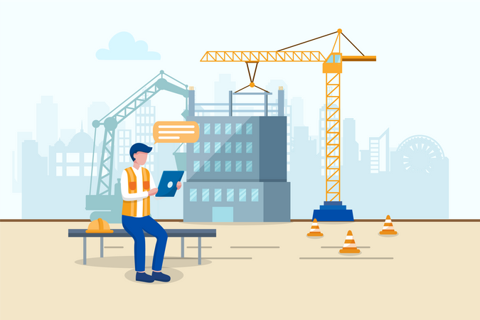 Ingeniero mirando tableta para una mejor planificación del trabajo futuro en el sitio de construcción  Ilustración