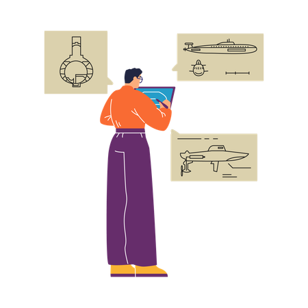 Ingeniero naval trabajando en diagramas de barcos  Ilustración