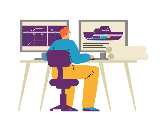 Ingeniero naval trabajando en la computadora en diagramas de barcos  Ilustración