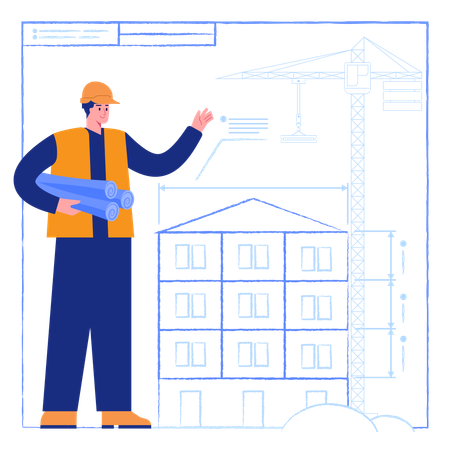 Ingeniero que diseña un edificio según un plano  Ilustración