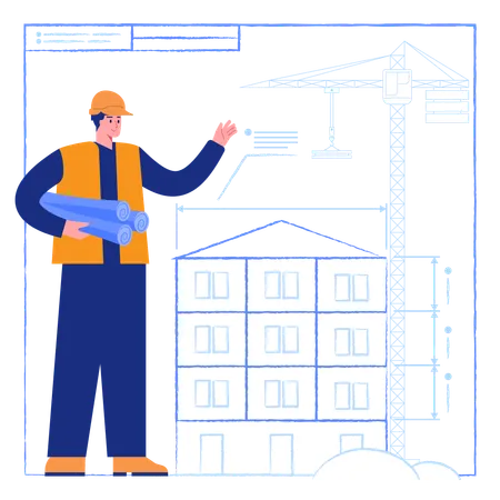 Ingeniero que diseña un edificio según un plano  Ilustración