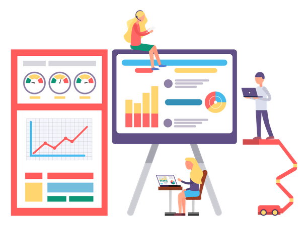 Ingeniero trabajando con informe gráfico en PC  Ilustración