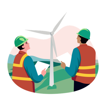 Ingenieros de molinos de viento trabajando en molinos de viento  Ilustración
