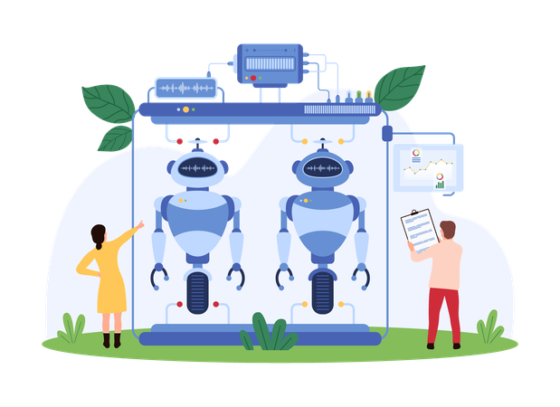 Ingenieros que construyen robots avanzados  Ilustración
