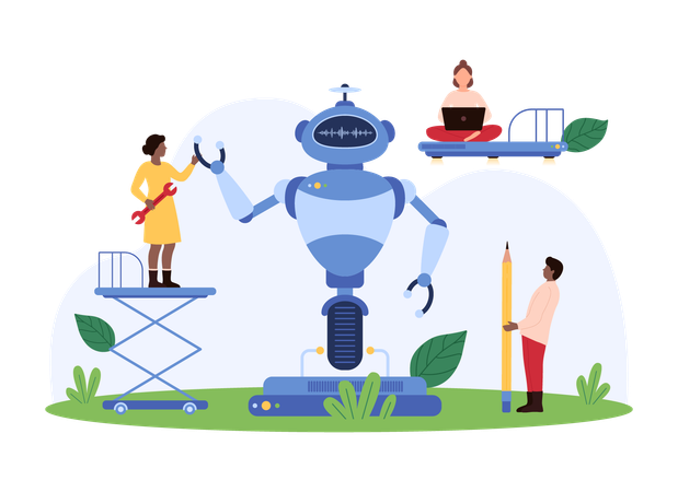 Ingenieros que construyen robots avanzados  Ilustración