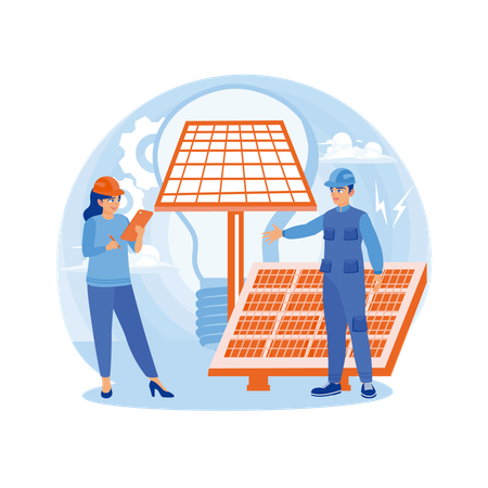 Ingenieros y técnicos instalando paneles solares.  Ilustración