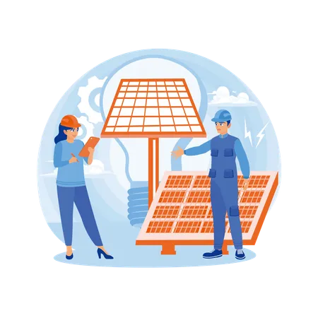 Ingenieros y técnicos instalando paneles solares.  Ilustración