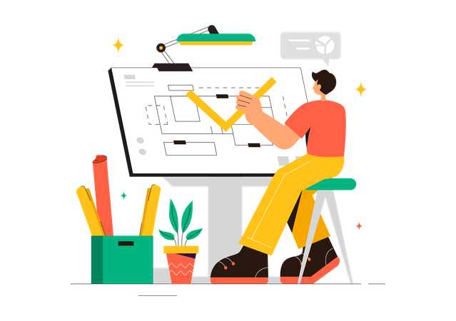 Ingenieur arbeitet an der Gestaltung von Hausarbeiten  Illustration