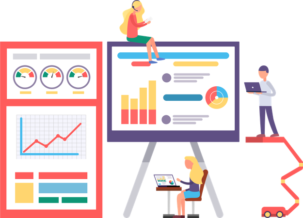 Ingenieur arbeitet mit Diagrammbericht auf dem PC  Illustration