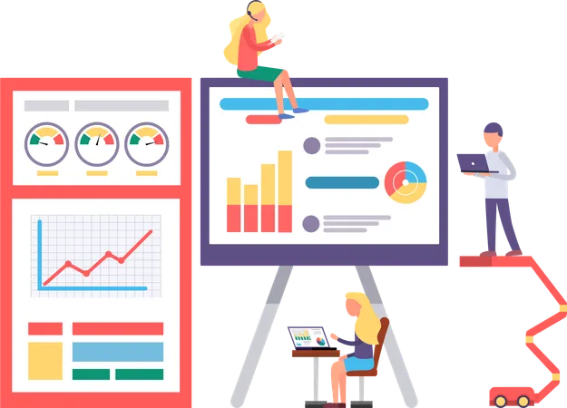 Ingenieur arbeitet mit Diagrammbericht auf dem PC  Illustration