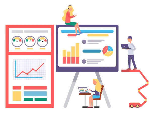 Ingenieur arbeitet mit Diagrammbericht auf dem PC  Illustration