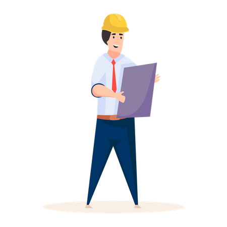 Ingénieur civil professionnel tenant un plan de construction à la main  Illustration