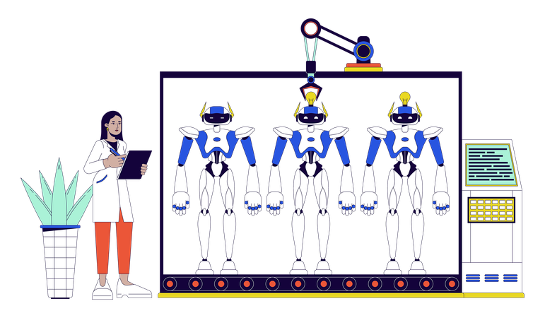 Ingénieur contrôlant les machines sur le convoyeur  Illustration