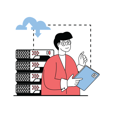 Ingénieur masculin travaillant sur un serveur cloud  Illustration