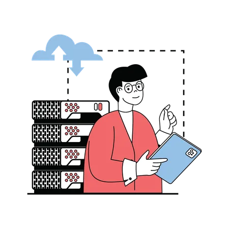 Ingénieur masculin travaillant sur un serveur cloud  Illustration