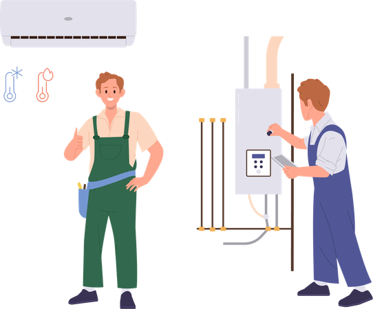 Ingénieur professionnel réparant la chaudière et vérifiant le climatiseur  Illustration