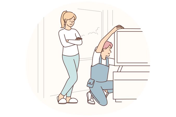 Un ingénieur répare un téléviseur au domicile d'une cliente qui a appelé un assistant pour l'aider à installer un nouveau téléviseur  Illustration