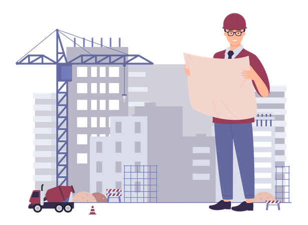 Ingénieur travaillant sur un chantier de construction  Illustration