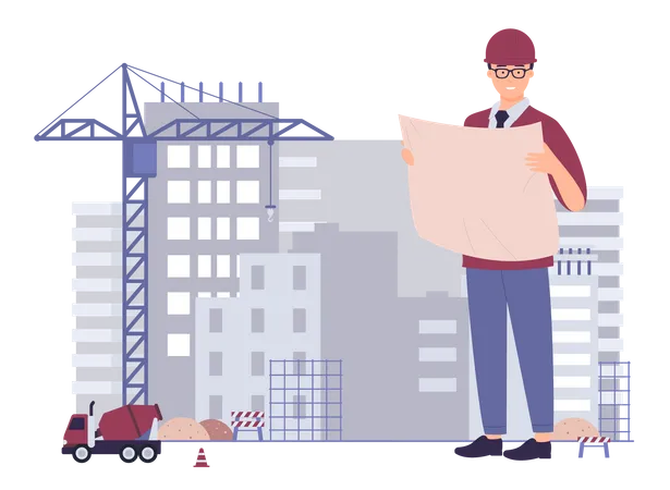 Ingénieur travaillant sur un chantier de construction  Illustration