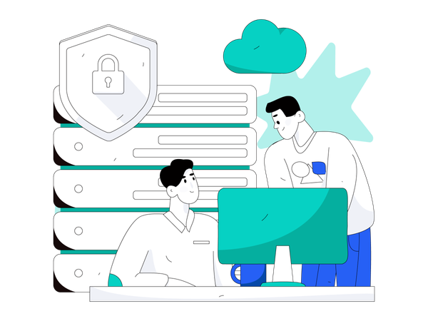 Ingénieur travaillant sur la protection des serveurs cloud  Illustration