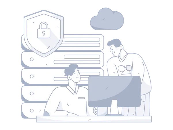 Ingénieur travaillant sur la protection des serveurs cloud  Illustration