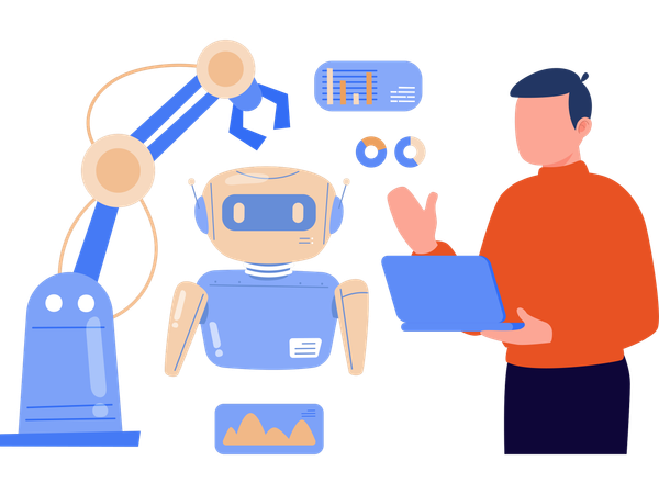 Un ingénieur travaille sur un logiciel de robot  Illustration
