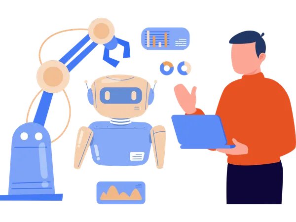 Un ingénieur travaille sur un logiciel de robot  Illustration