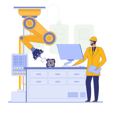 Ingénieur utilisant un bras robotisé dans l'industrie  Illustration