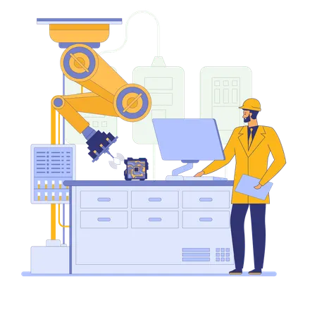 Ingénieur utilisant un bras robotisé dans l'industrie  Illustration