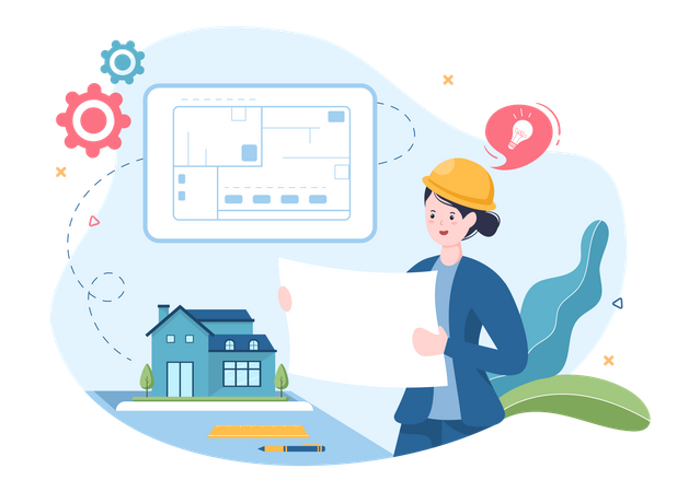 Ingenieurin arbeitet an Bauplan  Illustration