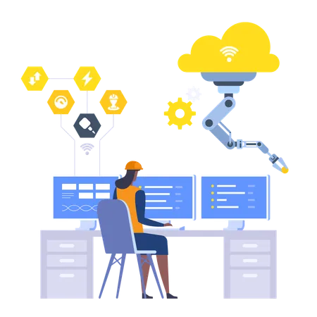 Ingenieurin arbeitet an Computern in der Smart Industry  Illustration