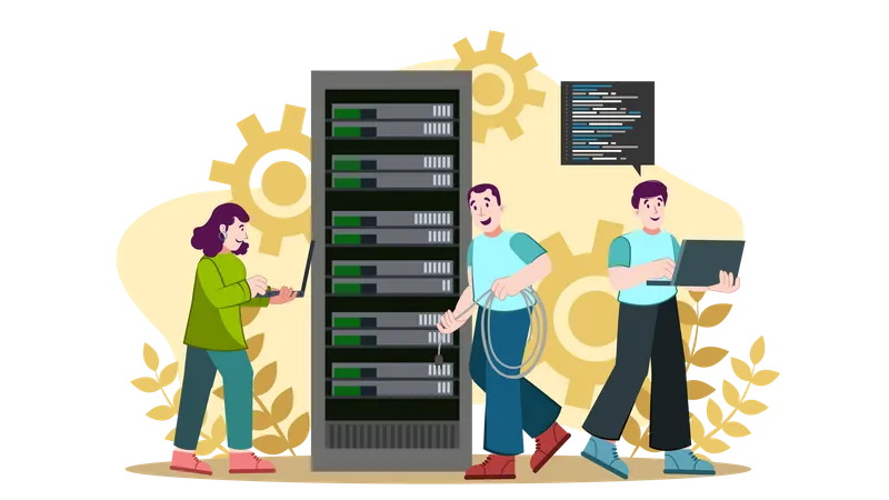 Ingenieurinnen und Ingenieure arbeiten am Netzwerk  Illustration