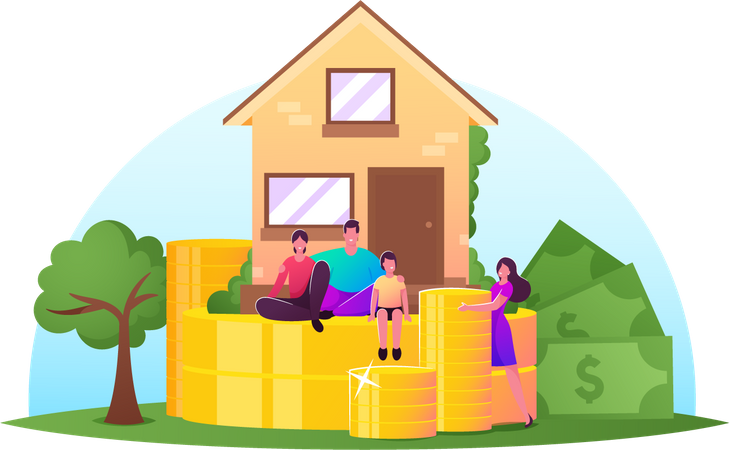 Ingresos familiares, seguros de propiedad, concepto de hipoteca. Personajes familiares felices frente a la cabaña con montones de monedas enormes  Ilustración
