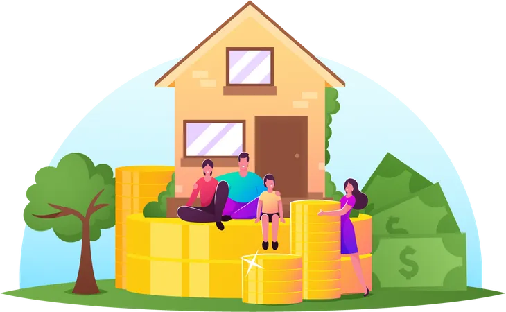 Ingresos familiares, seguros de propiedad, concepto de hipoteca. Personajes familiares felices frente a la cabaña con montones de monedas enormes  Ilustración