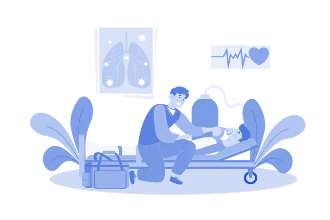 Un inhalothérapeute aide les patients ayant des difficultés respiratoires  Illustration