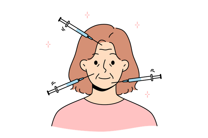 Injection against wrinkles on woman face done using syringe at appointment with cosmetologist  Illustration