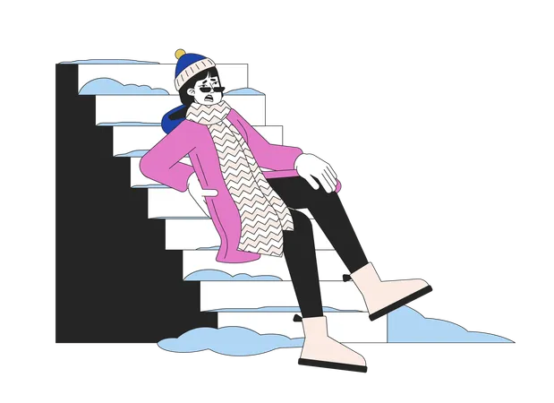 Winter Fall Hazard On Stairs Line Cartoon Flat Illustration Injured Back Girl Slips On Outdoor Steps Icy 2 D Lineart Character Isolated On White Background Stairway With Snow Scene Vector Color Image Illustration