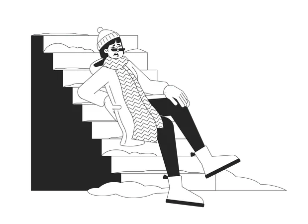 Winter Fall Hazard On Stairs Black And White Cartoon Flat Illustration Injured Back Girl Slips On Outdoor Steps Icy 2 D Lineart Character Isolated Stairway With Snow Monochrome Vector Outline Image Illustration