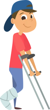 Injured boy walking with the help of sticks  Illustration