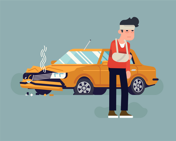 Injured car accident driver standing in front of his wrecked car Illustration