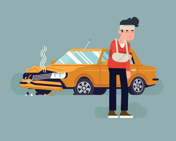Injured In A Car Accident Driver Standing In Front Of His Wrecked Car Driving Safety Flat Vector Concept Illustration Illustration