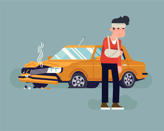 Injured car accident driver standing in front of his wrecked car  Illustration