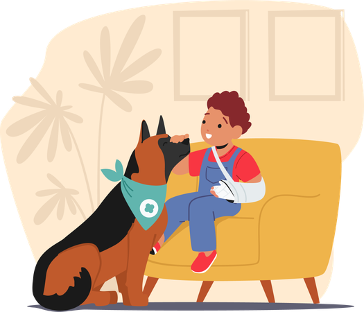 Injured Child Character With A Broken Arm Finds Solace In A Loyal Canine Companion  Illustration