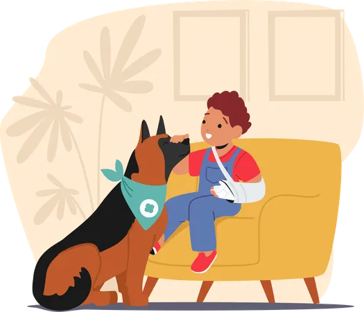 Injured Child Character With A Broken Arm Finds Solace In A Loyal Canine Companion Furry Helper Offering Comfort And Support During The Healing Process Cartoon People Vector Illustration Illustration
