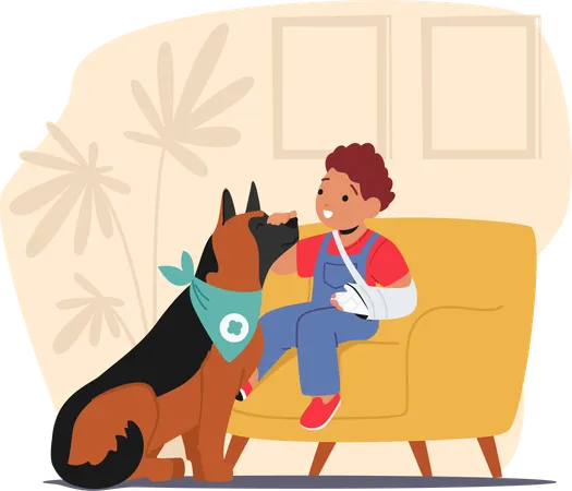 Injured Child Character With A Broken Arm Finds Solace In A Loyal Canine Companion  Illustration