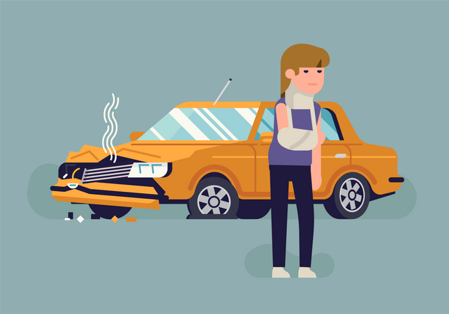 Injured in a car accident woman standing in front of her wrecked car  Illustration