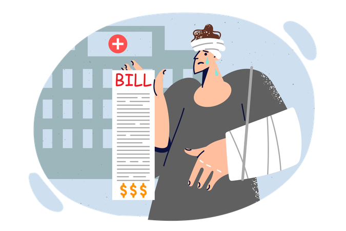 Injured man shows bills for treatment standing outside hospital and is sad about lack of insurance  Illustration