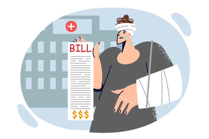 Injured man shows bills for treatment standing outside hospital and is sad about lack of insurance  Illustration